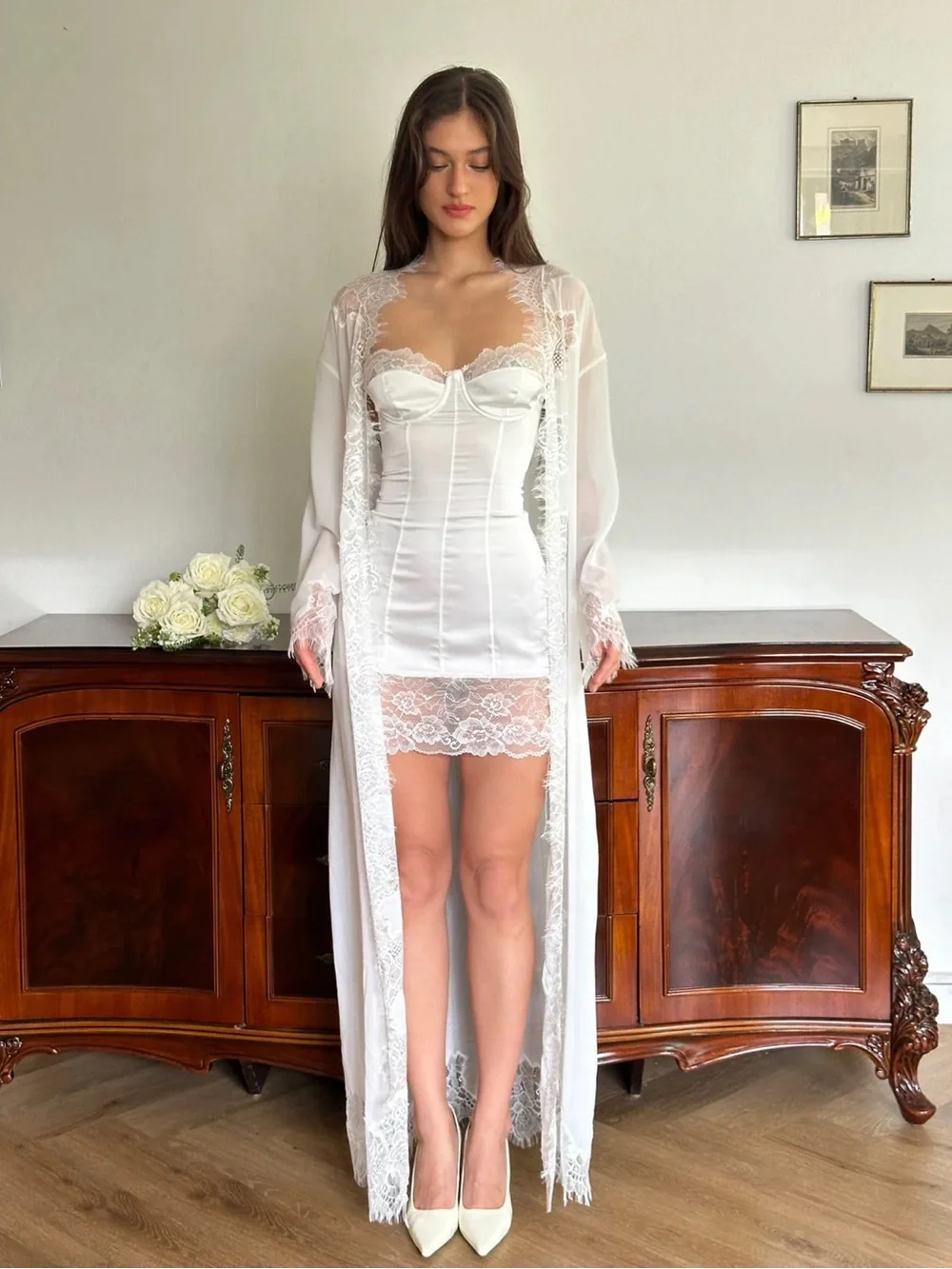 Cherie Alice Mini Dress White Lace and Beulah - Bridal Robe - Picture 2 of 6